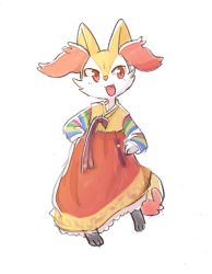 Rule 34 | 1girl, animal ears, animal hands, aquacua, artist name, blush, braixen, creatures (company), fangs, feet, female focus, fox ears, fox tail, frilled skirt, frills, full body, furry, furry female, game freak, gen 6 pokemon, hands on own hips, highres, legs apart, long sleeves, looking to the side, nintendo, open mouth, pigeon-toed, pokemon, pokemon (creature), pokemon xy, red eyes, red skirt, signature, simple background, skirt, smile, solo, standing, tail, teeth, text focus, white background