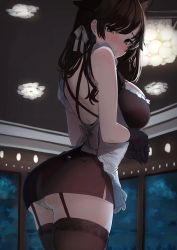 Rule 34 | 1girl, alternate costume, animal ears, apron, arched back, ass, atago (azur lane), azur lane, bad id, bad pixiv id, black gloves, black hair, blush, breasts, brown eyes, brown thighhighs, cowboy shot, dress, enmaided, extra ears, garter straps, gloves, highres, indoors, large breasts, long hair, looking at viewer, maid, mole, mole under eye, night, own hands together, panties, revision, solo, swept bangs, thighhighs, twitter username, underwear, white panties, window, xretakex
