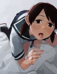 Rule 34 | 1girl, all fours, black legwear, blue sailor collar, blue skirt, blush, brown eyes, brown hair, grey background, kantai collection, makio (makiomeigenbot), open mouth, pleated skirt, sailor collar, school uniform, serafuku, shirayuki (kancolle), short sleeves, short twintails, signature, simple background, skirt, solo, tongue, tongue out, twintails