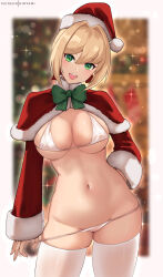 Rule 34 | 1girl, absurdres, alternate costume, bikini, blonde hair, blurry, blurry background, blush, bow, bowtie, breasts, commentary, english commentary, fate/extra, fate/grand order, fate (series), green bow, green bowtie, green eyes, hair intakes, hat, highres, hioyami, large breasts, long sleeves, looking at viewer, marker (medium), navel, nero claudius (fate), nero claudius (fate) (all), open mouth, patreon username, red headwear, santa costume, santa hat, smile, sparkle, swimsuit, thighhighs, traditional media, underboob, white bikini, white thighhighs