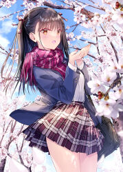 Rule 34 | 1girl, :d, bag, black hair, blazer, blue jacket, blue sky, blurry, blurry foreground, branch, brown eyes, cherry blossoms, cloud, commentary, cupping hands, day, depth of field, eyelashes, falling petals, fingernails, hair ribbon, hands up, highres, jacket, kobayashi chisato, light blush, long hair, long sleeves, open clothes, open jacket, open mouth, original, outdoors, own hands together, petals, pink scarf, plaid, plaid skirt, pleated skirt, red ribbon, ribbon, scarf, school bag, school uniform, shirt, shirt tucked in, skirt, sky, smile, solo, tree, twintails, white shirt