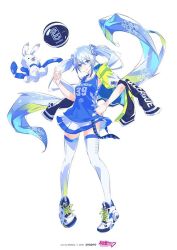 Rule 34 | 1girl, 1other, 39, animal, b. league, ball, bare arms, basketball, basketball (object), blue eyes, blue hair, blue scarf, blue shirt, clothes writing, commentary, contrapposto, full body, green trim, hair ornament, hand on own hip, hand up, hatsune miku, jacket, jersey, light blue hair, long hair, looking at viewer, miniskirt, monq, official art, pleated skirt, rabbit, rabbit yukine, scarf, shirt, shoes, skirt, sleeveless, sleeveless shirt, sneakers, snowflake print, standing, thighhighs, very long hair, vocaloid, white footwear, white skirt, white thighhighs, yuki miku, yuki miku (2010)