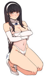 Rule 34 | 1girl, ankle ribbon, black hair, blunt bangs, breasts, brown eyes, casual one-piece swimsuit, cleavage, cleavage cutout, clothing cutout, covering privates, covering breasts, crossed arms, elbow gloves, empty eyes, full body, girls&#039; frontline, gloves, hairband, highleg, highleg swimsuit, highres, kneeling, large breasts, leg ribbon, long hair, navel, one-piece swimsuit, ribbon, see-through, sidelocks, simple background, solo, sungwon, swimsuit, type 95 (girls&#039; frontline), white background, white gloves