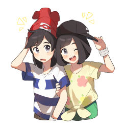 Rule 34 | 1boy, 1girl, adjusting clothes, adjusting headwear, arm grab, backwards hat, baseball cap, beanie, black hair, black headwear, blue shirt, blush, bracelet, cowboy shot, creatures (company), cropped legs, elio (pokemon), flat chest, floral print, game freak, green shorts, grey eyes, hand up, happy, hat, headwear switch, jewelry, looking at another, looking to the side, nintendo, notice lines, open mouth, poke ball symbol, poke ball theme, pokemon, pokemon sm, red headwear, selene (pokemon), shirt, short hair, short shorts, short sleeves, shorts, simple background, smile, standing, striped clothes, striped shirt, teeth, tied shirt, unapoppo, white background, yellow shirt