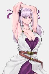 1girl absurdres armpits arms_behind_head arms_up black_clover breasts cleavage grey_hair hair_ribbon highres limn044 long_hair noelle_silva presenting_armpit purple_eyes purple_ribbon ribbon simple_background solo twintails white_background