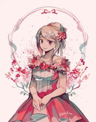 Rule 34 | 1girl, akamatsu kaede, alternate hairstyle, artist name, bare shoulders, blonde hair, breasts, collarbone, commentary, cowboy shot, danganronpa (series), danganronpa 10th anniversary costume, danganronpa v3: killing harmony, dress, english commentary, flower, fortissimo, hair bun, hair flower, hair ornament, heart, highres, large breasts, long hair, looking at viewer, musical note, musical note hair ornament, official alternate costume, pink dress, red eyes, ribbon, rina (crystalrina), single hair bun, smile, solo, standing, white background