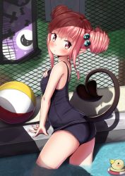 Rule 34 | 1girl, :c, animal print, ass, ball, bat print, beachball, blush, child, demon girl, demon tail, double bun, fence, fingernails, hair bun, hair ornament, hand on own chest, looking at viewer, looking to the side, mochiyuki, one-piece swimsuit, original, pink eyes, pink hair, pointy ears, pool, rubber duck, school swimsuit, shadow, short hair, solo, standing, swimsuit, tail, wading, water