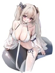 Rule 34 | 1girl, anchorage (azur lane), anchorage (dolphins and swim lessons) (azur lane), azur lane, bare shoulders, bikini, black choker, breasts, choker, cleavage, cropped legs, detached sleeves, g home, grin, halterneck, highres, inflatable toy, large breasts, long hair, looking at viewer, navel, official alternate costume, purple eyes, see-through, see-through sleeves, side-tie bikini bottom, simple background, smile, solo, stomach, string bikini, swimsuit, thighhighs, twintails, unfinished, very long hair, white background, white bikini, white hair, white thighhighs