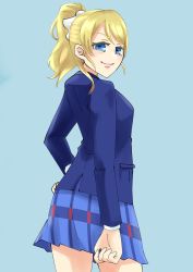Rule 34 | 1girl, aqua background, artist name, artist request, ayase eli, bare legs, black jacket, blonde hair, blue cardigan, blue eyes, blue jacket, blue skirt, blush, breasts, cardigan, checkered clothes, checkered skirt, collared shirt, female focus, from behind, hair between eyes, hair ornament, hair scrunchie, hand on own hip, high ponytail, highres, jacket, long hair, long sleeves, looking at viewer, looking back, love live!, love live! school idol project, miniskirt, otonokizaka school uniform, parted lips, plaid, plaid skirt, pleated, pleated skirt, ponytail, school uniform, scrunchie, shirt, short hair, short sleeves, skirt, small breasts, smile, solo, white scrunchie, white shirt, yasa maboroshi