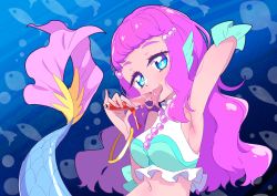 Rule 34 | 1girl, absurdres, arm up, armpits, blue eyes, female focus, fins, food, frills, head fins, highres, hrgm, laura (precure), mermaid, monster girl, navel, open mouth, precure, purple hair, saliva, sausage, scales, sexually suggestive, solo, tongue, tongue out, tropical-rouge! precure