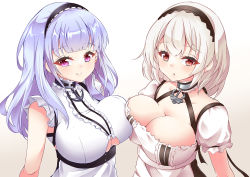 Rule 34 | 2girls, :o, anchor choker, apron, asymmetrical docking, azur lane, black hairband, black ribbon, breast press, breasts, center frills, choker, cleavage, clothing cutout, collarbone, commentary request, dido (azur lane), dress, ennishi, frilled choker, frilled shirt, frills, gradient background, hair between eyes, hairband, lace-trimmed hairband, lace trim, large breasts, long hair, looking at viewer, maid, maid apron, maid headdress, multiple girls, partial commentary, puffy short sleeves, puffy sleeves, purple eyes, red eyes, ribbon, shirt, short hair, short sleeves, sidelocks, sirius (azur lane), sleeveless, sleeveless shirt, smile, symmetrical docking, underboob, underboob cutout, underbust, upper body, waist apron, white apron, white background, white dress, white hair