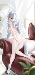 Rule 34 | + +, 1girl, :o, absurdres, ahoge, animal ears, ass, azur lane, blue eyes, braid, breasts, butterfly hair ornament, commentary, couch, curtains, fake animal ears, fake tail, from behind, hair ornament, hands on own ass, high heels, highres, indoors, kneeling, le malin (azur lane), le malin (listless lapin) (azur lane), leotard, long hair, looking at viewer, low twin braids, medium breasts, naughty (ac naughty), nontraditional playboy bunny, on couch, pantyhose, pillow, plant, playboy bunny, potted plant, rabbit ears, rabbit tail, sideboob, skindentation, solo, tail, thigh gap, thigh strap, twin braids, very long hair, white footwear, white hair, white leotard, white pantyhose, window, wrist cuffs