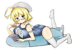 Rule 34 | 10s, 1girl, ahoge, armband, ass, baumkuchen, blonde hair, blue eyes, blush, book, breasts, eating, glasses, hat, i-8 (kancolle), kantai collection, large breasts, lying, nijitama shiyushiyu, on stomach, one-piece swimsuit, school swimsuit, smile, solo, swimsuit, thighhighs