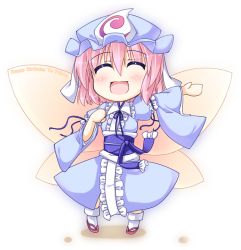 Rule 34 | 1girl, bad id, bad pixiv id, blue dress, blush, butterfly wings, chibi, closed eyes, dress, fang, female focus, fujisaki kaon, full body, gradient background, happy birthday, hat, insect wings, long sleeves, open mouth, pink hair, saigyouji yuyuko, sash, smile, solo, touhou, veil, waving, white background, wings