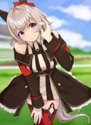 Rule 34 | 1girl, animal ears, bare shoulders, closed mouth, cowboy shot, curren chan (umamusume), dress, ear covers, gloves, hair flip, tucking hair, hairband, hand on own thigh, highres, horse ears, horse girl, horse tail, kinoshita niko, leaning forward, looking at viewer, off-shoulder jacket, off shoulder, purple eyes, red thighhighs, short dress, short hair, silver hair, sleeveless, sleeveless dress, smile, solo, striped clothes, striped dress, tail, thighhighs, umamusume, vertical-striped clothes, vertical-striped dress, white gloves