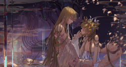 Rule 34 | 1boy, 1girl, all fours, alternate form, breasts, closed eyes, commentary request, couple, dissolving, enkidu (fate), facing another, fate/stay night, fate/strange fake, fate (series), flower, green hair, hair censor, hair flower, hair flowing over, hair ornament, hair over breasts, hand on another&#039;s cheek, hand on another&#039;s face, hands on another&#039;s wrists, hetero, kawacy, large breasts, long hair, looking at another, nude, petals, profile, projected inset, ripples, robe, see-through silhouette, shamhat (fate), sitting, torn clothes, very long hair, water, water drop, white robe, yellow eyes