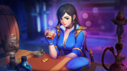 Rule 34 | 1girl, 8llq9n, alcohol, black hair, blurry, blurry background, bottle, breasts, cigarette, cleavage, coin, cup, drinking glass, ear piercing, earrings, green eyes, gyee, hat, highres, jewelry, long hair, medium breasts, military, military hat, military uniform, piercing, smile, solo, table, uniform, upper body, wine, wine bottle, wine glass, wooden table
