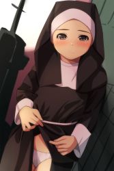 Rule 34 | 1girl, absurdres, black dress, blush, brown eyes, closed mouth, clothes lift, dress, dress lift, forehead, habit, highres, lifted by self, long sleeves, looking at viewer, matsunaga kouyou, nose blush, nun, original, panties, solo, standing, underwear, veil, white panties