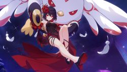 Rule 34 | 1girl, bare shoulders, bird, black dress, bob cut, chicken, china dress, chinese clothes, closed mouth, dress, earrings, flower, full body, game cg, high heels, highres, honkai (series), honkai impact 3rd, jewelry, legs, looking at viewer, official art, pumps, red eyes, red flower, red footwear, red hair, seele (alter ego), seele vollerei, seele vollerei (stygian nymph), shoe soles, short hair, sleeveless, sleeveless dress, smile, solo, thighs