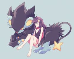 Rule 34 | 1girl, bare arms, barefoot, closed mouth, commentary request, creatures (company), dawn (pokemon), eyelashes, game freak, gen 4 pokemon, grey background, hair ornament, hairclip, highres, knees together feet apart, komasawa (fmn-ppp), long hair, luxray, nintendo, pink scarf, pokemon, pokemon (creature), pokemon dppt, scarf, sidelocks, simple background, sitting, smile, toes