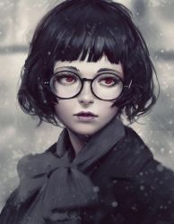 Rule 34 | 1girl, black-framed eyewear, black coat, black hair, blunt bangs, bob cut, closed mouth, coat, commentary, glasses, guweiz, looking afar, looking to the side, original, photo-referenced, purple lips, red eyes, revision, scarf, short hair, solo, spot color, upper body