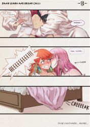 Rule 34 | bathrobe, bed, blush, breasts, cleavage, couple, drunk, earrings, english text, feather earrings, feathers, gradient hair, hair down, highres, hololive, hololive english, implied sex, iskaydi, jewelry, long hair, mori calliope, multicolored hair, multiple girls, on bed, open clothes, open robe, orange hair, out-of-frame censoring, robe, sitting, surprised, takanashi kiara, underwear, virtual youtuber, wife and wife, yuri