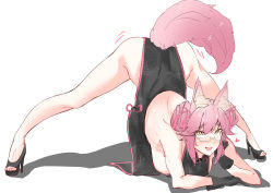Rule 34 | 1girl, animal ear fluff, animal ears, arm rest, ass, black dress, black gloves, blush, breasts, china dress, chinese clothes, double bun, dress, fate/grand order, fate (series), flexible, fox ears, fox girl, fox tail, glasses, gloves, hair between eyes, hair bun, hands on ground, high heels, highres, jack-o&#039; challenge, koyanskaya (fate), large breasts, legs, long hair, looking at viewer, magemagemagenta, meme, open mouth, pink hair, side slit, sideboob, sidelocks, sleeveless, sleeveless dress, smile, solo, spread legs, stretching, tail, tamamo (fate), tassel, top-down bottom-up, wide spread legs, yellow eyes