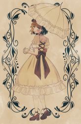 Rule 34 | 1girl, alternate costume, back bow, blonde hair, blunt bangs, blush, bow, brown hair, dress, frilled dress, frills, from behind, full body, gloves, green eyes, highres, holding, holding umbrella, kimi ga shine, lolita fashion, looking at viewer, looking back, maple (kimi ga shine), mary janes, medium dress, parted lips, puffy short sleeves, puffy sleeves, red bow, red footwear, shoes, short sleeves, solo, standing, strappy heels, sweet lolita, syrup, umbrella, uououoon, yellow dress, yellow gloves
