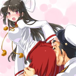 Rule 34 | &gt;:o, 10s, 1boy, 1girl, :o, admiral (kancolle), anger vein, ass, between buttocks, black hair, blush, breasts, dd (ijigendd), face in ass, hair ribbon, hand on another&#039;s head, hime cut, hiyou (kancolle), kantai collection, large breasts, long hair, long skirt, long sleeves, onmyouji, open mouth, red skirt, ribbon, skirt, sweatdrop, v-shaped eyebrows, white ribbon