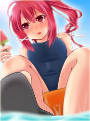 Rule 34 | 10s, 1girl, blush, food, hal (harun), i-168 (kancolle), innertube, kantai collection, long hair, one-piece swimsuit, open mouth, personification, perspective, ponytail, popsicle, red eyes, red hair, school swimsuit, solo, swim ring, swimsuit, water, watermelon bar