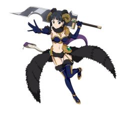 Rule 34 | 1girl, anklet, black eyes, black hair, black thighhighs, blue gloves, boots, bracelet, breasts, cleavage, elbow gloves, fake horns, full body, gloves, holding, holding sword, holding weapon, horns, jewelry, kirigaya suguha, leg up, looking at viewer, medium breasts, midriff, navel, outstretched arm, short hair, sideboob, simple background, smile, snake head tail, snake tail, solo, stomach, sword, sword art online, tail, thigh boots, thighhighs, weapon, white background