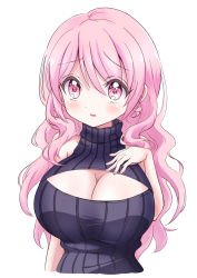 Rule 34 | 1girl, alternate costume, black sweater, blush, breasts, cleavage, cleavage cutout, clothing cutout, highres, hihkunhihkun, jashin-chan dropkick, large breasts, long hair, looking at viewer, open mouth, pink eyes, pink hair, pino (jashin-chan dropkick), ribbed sweater, shiny skin, simple background, solo, sweater, upper body, white background