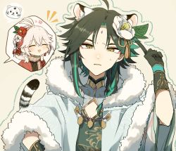 Rule 34 | 2boys, animal ears, antenna hair, aqua hair, black hair, blush, chinese clothes, chinese zodiac, closed eyes, commentary, crossed bangs, facial mark, flower, forehead mark, fur trim, genshin impact, gloves, hair between eyes, hair flower, hair ornament, highres, japanese clothes, kaedehara kazuha, male focus, multicolored hair, multiple boys, new year, outline, parted lips, red eyes, red flower, red hair, ryu genshin77, scarf, simple background, streaked hair, sweat, symbol-only commentary, tail, tassel, tiger boy, tiger ears, tiger tail, upper body, white flower, xiao (genshin impact), year of the tiger, yellow eyes
