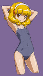 Rule 34 | 10s, 1girl, armpits, arms behind head, blonde hair, blue one-piece swimsuit, blue school swimsuit, blush, competition school swimsuit, covered navel, cowboy shot, female focus, hairband, kise yayoi, looking at viewer, one-piece swimsuit, precure, purple background, rohitsuka, school swimsuit, short hair, simple background, sketch, smile, smile precure!, solo, swimsuit, white hairband, yellow eyes