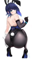 Rule 34 | 1girl, absurdres, animal ears, ass, black pantyhose, blue hair, blush, breasts, dice earrings, elbow gloves, fake animal ears, from behind, full body, genshin impact, gloves, green eyes, high heels, highres, large breasts, leotard, looking at viewer, looking back, pantyhose, parted lips, playboy bunny, rabbit ears, rabbit tail, simple background, solo, squatting, tail, white background, yelan (genshin impact), yztp (sanmery)