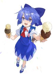 Rule 34 | 1girl, :d, arms up, backpack, bag, blue bag, blue bow, blue dress, blue eyes, blue footwear, blue hair, blurry, blush, bow, chocolate chip, cirno, collared shirt, commentary request, depth of field, double scoop, dress, food, full body, hair between eyes, hair bow, highres, ice cream, ice cream cone, kerchief, looking at viewer, open mouth, pikumin, puffy short sleeves, puffy sleeves, red kerchief, red neckwear, religious offering, round teeth, shirt, short hair, short sleeves, smile, socks, solo, standing, teeth, touhou, white shirt, white socks, wing collar