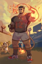 Rule 34 | 1boy, alca (wakatanka4), american football, american football (object), american football uniform, animal ears, ball, bara, beard, black hair, bulge, character doll, commission, extra ears, facial hair, field, flaming hand, gyee, highres, large pectorals, lion boy, lion ears, lion tail, male focus, mature male, muscular, muscular male, navel, original, pectorals, shirt, shoes, short hair, shorts, sneakers, socks, solo, sportswear, standing, tail, thick eyebrows, thick thighs, thighs, tight clothes, tight shirt, undercut, white shorts, zoyu (wuedti)