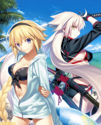 Rule 34 | bikini, black bikini, blush, braid, braided ponytail, breasts, closed mouth, fate/grand order, fate (series), hair between eyes, highres, holding, holding sword, holding weapon, jeanne d&#039;arc alter (swimsuit berserker) (fate), jeanne d&#039;arc (fate), jeanne d&#039;arc (swimsuit archer) (fate), jeanne d&#039;arc (swimsuit archer) (first ascension) (fate), jeanne d&#039;arc alter (fate), jeanne d&#039;arc alter (swimsuit berserker) (fate), katana, long hair, looking at viewer, multiple girls, ocean, official art, shrug (clothing), smile, standing, summer, swimsuit, sword, tagme, takeuchi takashi, very long hair, weapon, weapon on back