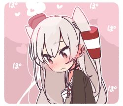 Rule 34 | 1girl, amatsukaze (kancolle), brown dress, commentary request, dress, gloves, grey neckerchief, grey sailor collar, hair tubes, hat, heart, heart-shaped pupils, kantai collection, lifebuoy ornament, long hair, looking down, mini hat, neckerchief, pink background, sailor collar, sailor dress, silver hair, smokestack hair ornament, solo, steam, symbol-shaped pupils, two side up, upper body, white gloves, yoru nai