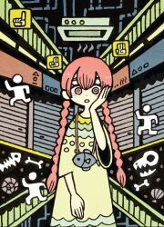 Rule 34 | blush, bone, braid, dress, fish, garouma, hand on own face, highres, industrial pipe, jewelry, long hair, looking at viewer, necklace, original, parted lips, red eyes, red hair, sign, stairs, twin braids, upper body, yellow dress