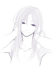 Rule 34 | 1girl, armpits, collarbone, commentary request, covering own ears, eyelashes, female focus, greyscale, head tilt, highres, long hair, md5 mismatch, monochrome, original, poaro, resized, simple background, smile, solo, topless frame, upper body, white background