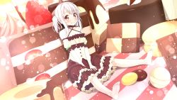 Rule 34 | 1girl, bare shoulders, barefoot, blush, bow, buttons, cake, cake slice, candy, checkerboard cookie, chocolate, chocolate bar, collar, collarbone, cookie, detached sleeves, dress, feet, food, frilled dress, frills, fruit, highres, karutamo, looking at viewer, original, pudding, red eyes, side ponytail, sidelocks, silver hair, sitting, smile, soles, solo, strawberry, strawberry shortcake, tisshu (karutamo), toes, tongue, tongue out, v arms