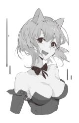 Rule 34 | 1girl, :d, absurdres, animal ears, bare shoulders, blush, bow, bowtie, breasts, cat ears, cropped torso, elbow gloves, fang, gloves, greyscale, highres, kuroduki (pieat), leotard, looking at viewer, medium breasts, monochrome, open mouth, original, short hair, smile, solo, upper body