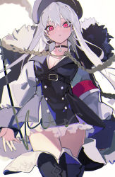 Rule 34 | 1girl, :o, armband, boots, breasts, cleavage, fur trim, girls&#039; frontline, hat, highres, jacket, jewelry, kar98k (girls&#039; frontline), looking down, necklace, open hand, open mouth, red eyes, solo, thigh boots, thighhighs, u tnmn, white hair
