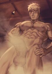 Rule 34 | 1boy, abs, bara, blush, colored skin, dreamplpe, erection, grey hair, grey skin, highres, lanz (xenoblade), large pectorals, male focus, male masturbation, masturbation, metal skin, muscular, muscular male, navel, nipples, pectorals, penis, red eyes, short hair, solo, testicles, thick thighs, thighs, xenoblade chronicles (series), xenoblade chronicles 3