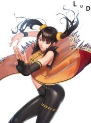 Rule 34 | black hair, fingerless gloves, gloves, ling xiaoyu, long hair, looking at viewer, lud, nail polish, pants, sleeveless, tekken, tight clothes, tight pants, twintails