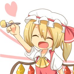 Rule 34 | 1girl, :d, arm up, ascot, blonde hair, cake, closed eyes, collared shirt, commentary request, fang, flandre scarlet, food, fork, hair between eyes, happy, hat, hat ribbon, heart, holding, holding fork, jiima tarou, mob cap, multicolored wings, one side up, open mouth, outstretched arm, puffy short sleeves, puffy sleeves, red ribbon, red vest, ribbon, ribbon-trimmed headwear, ribbon trim, shirt, short hair, short sleeves, simple background, smile, solo, touhou, upper body, vest, white background, white hat, white shirt, wings, yellow ascot