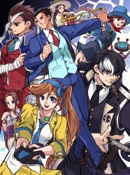 Rule 34 | 3boys, 4girls, ace attorney, apollo justice, athena cykes, bandage over one eye, bandaged arm, bandages, black coat, black eyes, black hair, black necktie, black suit, blue eyes, blue headwear, blue necktie, blue pants, blue suit, braid, brown eyes, brown hair, capelet, chain, closed mouth, coat, earrings, formal, gloves, hair rings, hat, jacket, jacket on shoulders, jewelry, juniper woods, long sleeves, multicolored hair, multiple boys, multiple girls, necklace, necktie, open clothes, open jacket, open mouth, orange hair, pants, partially fingerless gloves, pearl fey, phoenix wright, phoenix wright: ace attorney - dual destinies, ragi (od6fine), red necktie, red pants, red suit, side ponytail, simon blackquill, single earring, single glove, suit, teeth, trucy wright, twin braids, twintails, two-tone hair, upper teeth only, white gloves, white hair, yellow jacket