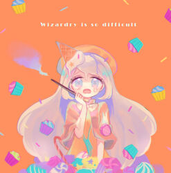 Rule 34 | 1girl, blue eyes, bow, candy, candy cane, capelet, cookie run, cream puff cookie, cupcake, english text, food, holding, holding wand, humanization, ice cream, long hair, looking at viewer, mamimumemo, open mouth, orange background, personification, solo, very long hair, wand