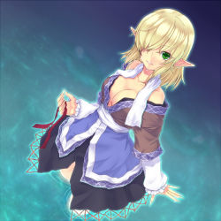Rule 34 | 1girl, bare shoulders, blonde hair, breasts, cleavage, collarbone, dutch angle, female focus, green eyes, hair over one eye, looking at viewer, mizuhashi parsee, necktie, off shoulder, pointy ears, saemon (tonpura), scarf, short hair, solo, touhou, undone, undone necktie, wading, water, wet